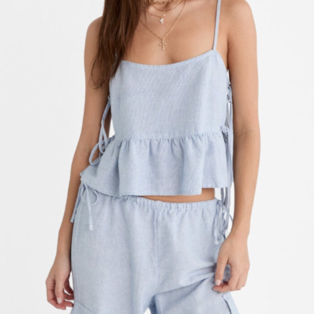 Stradivarius - Striped linen blend top with side ties